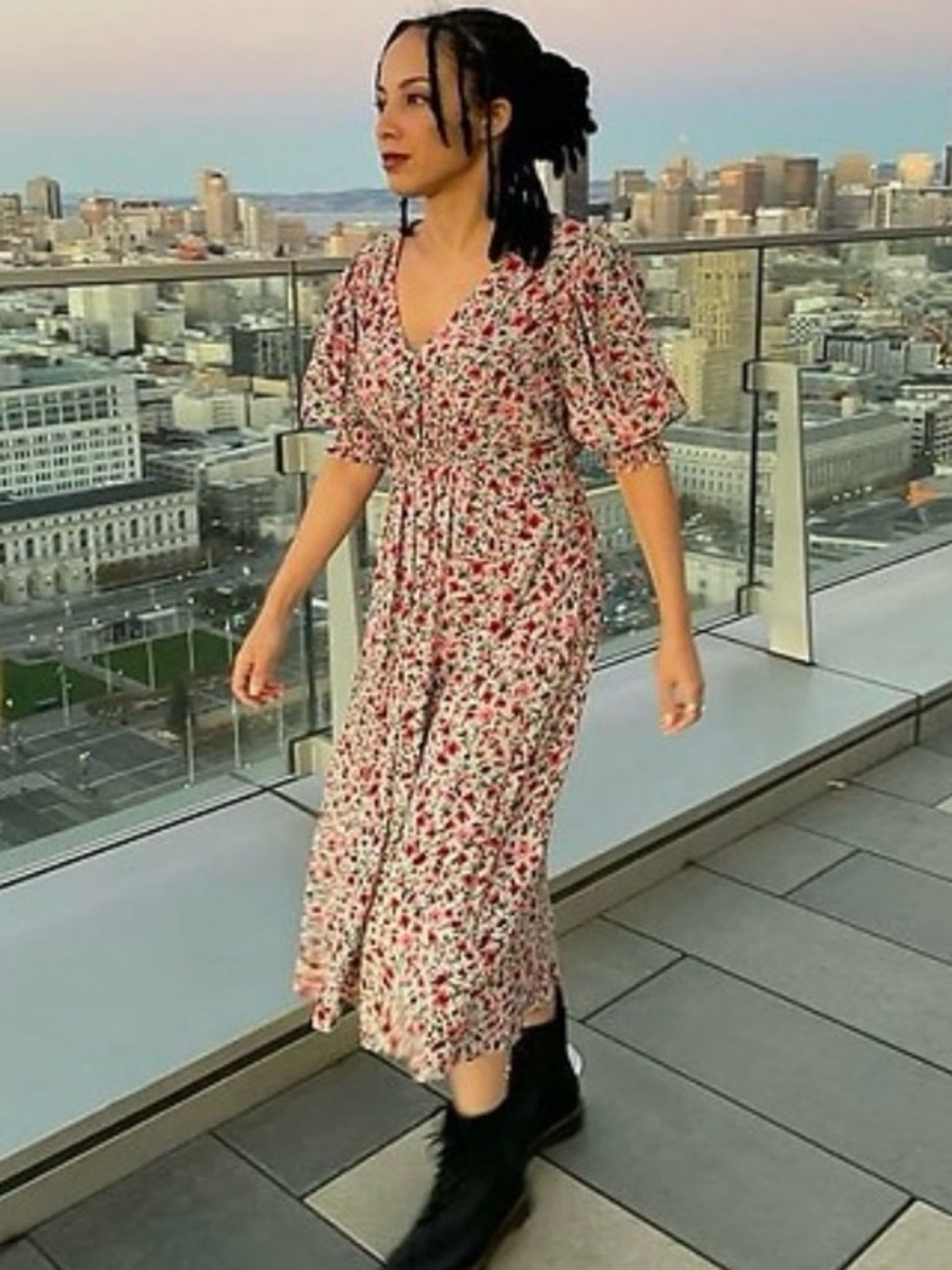Banana Republic Light Gray Midi Dress with Red Floral Print